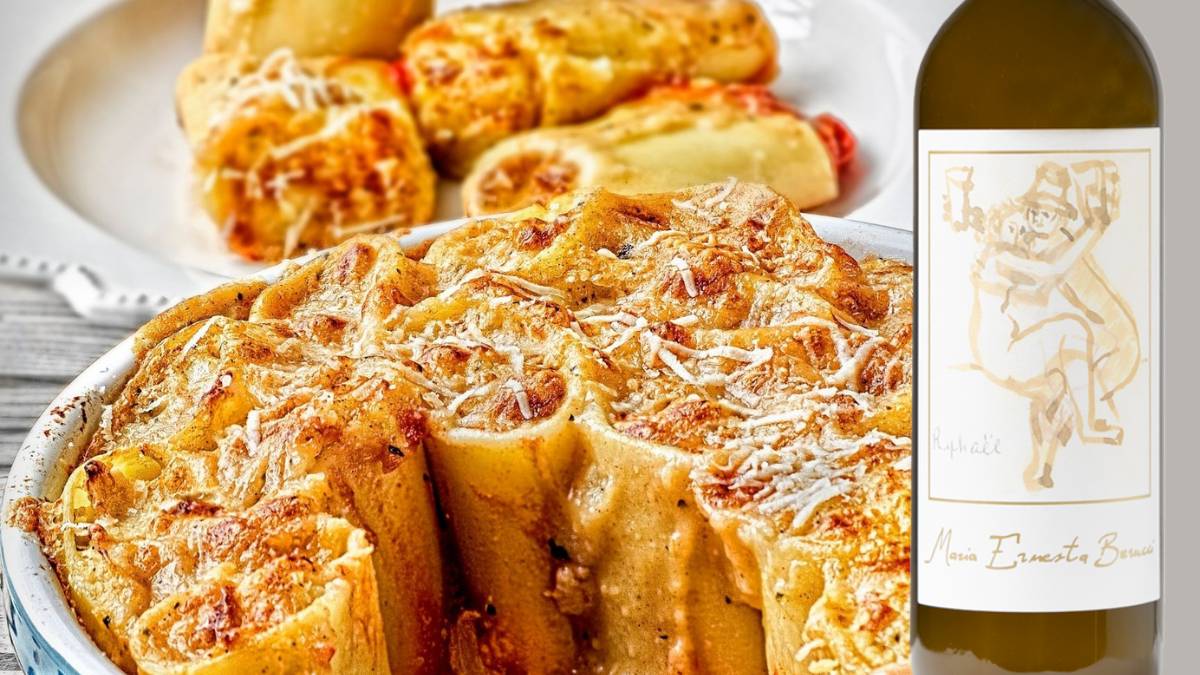 Paccheri gratinati con ragu di pesce abbinamento con Raphael Bianco di Maria Ernesta Berucci | Il menu del Ricercatore di Eccellenze per le Feste Paccheri gratinati con ragù di pesce: abbinamento con Raphael Bianco di Maria Ernesta Berucci