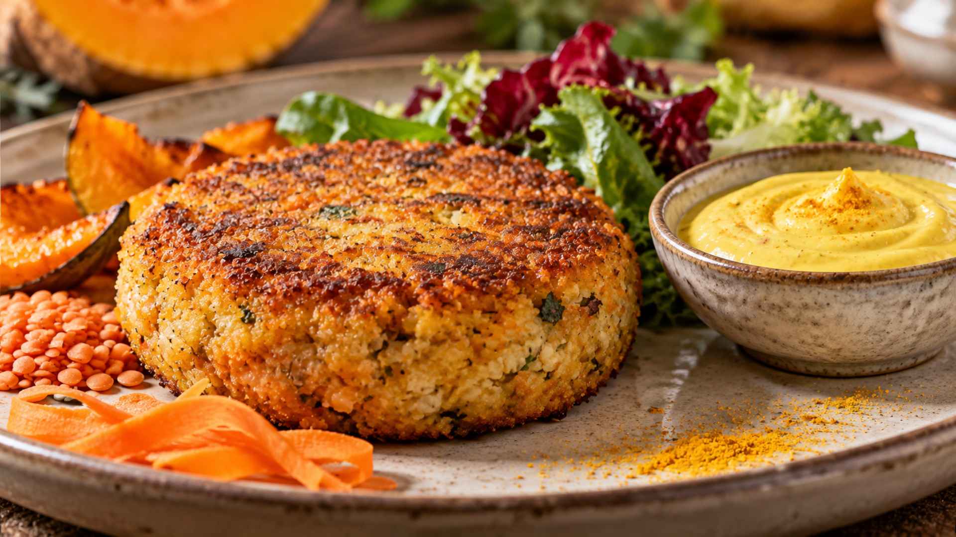 Burger di lenticchie rosse, carota, zucca e curcuma con maionese alla curcuma