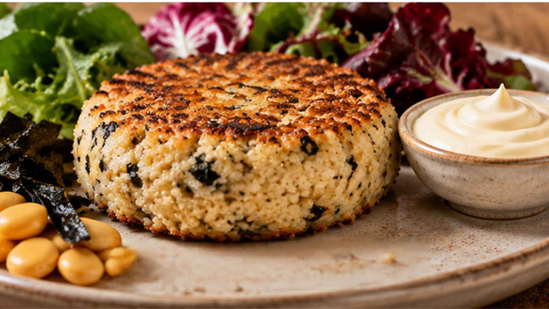 Burger di lupini, alga nori e cipolla con maionese classica