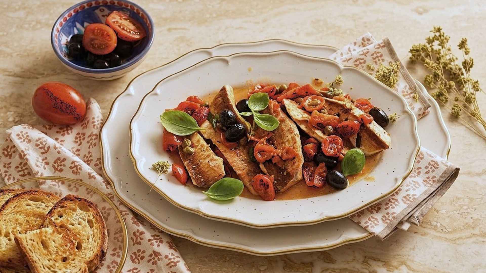 Gallinella in padella con pomodorini e olive
